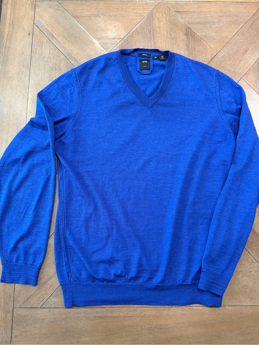 Boss Hugo Boss Sweater Mens XLarge Blue Wool Silk V Neck Slim Fit Knit Pullover